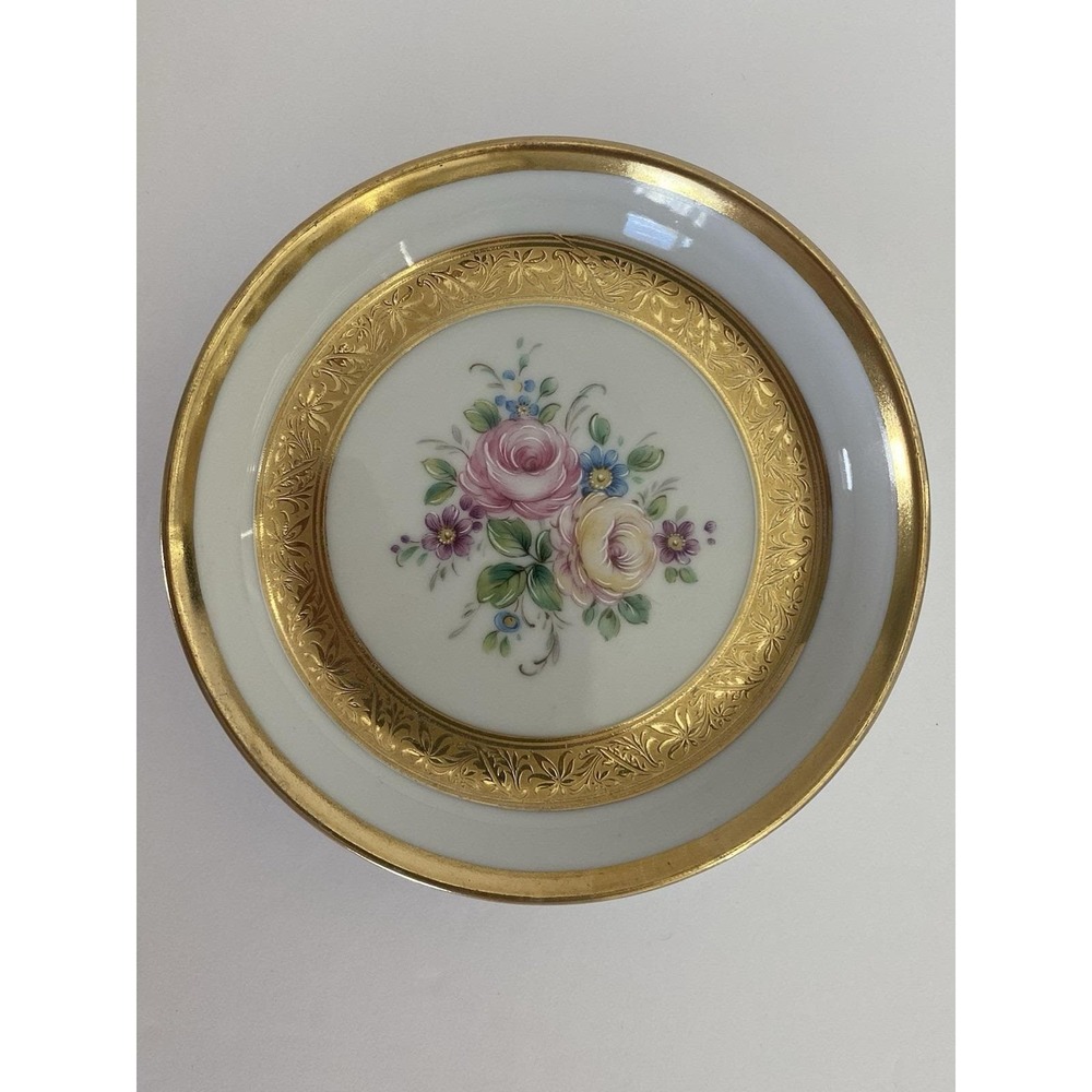 Vintage Bavaria Incisione Oro 4.25" Mini Plate Handpainted Florals And Gold Rim